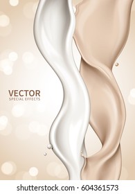 white and creamy liquid flows, isolated bokeh background, 3d illustration