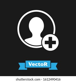 White Create account screen icon isolated on black background.  Vector Illustration