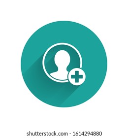 White Create account screen icon isolated with long shadow. Green circle button. Vector Illustration