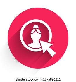 White Create account screen icon isolated with long shadow. Red circle button. Vector Illustration