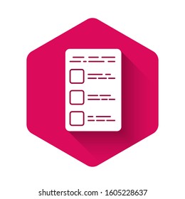 White Create account screen on mobile phone icon isolated with long shadow. Pink hexagon button. Vector Illustration