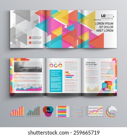 White creative brochure template design with color pattern of triangles. Cover layout and infographics