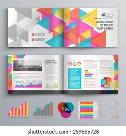 White creative brochure template design with color pattern of triangles. Cover layout and infographics