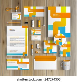 White creative corporate identity template design with blue and orange art elements. Business stationery