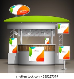 White creative exhibition stand design with color shapes. Booth template. Corporate identity