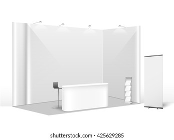 Design de stand de exposição criativa branco. Modelo de cabine. Vetor de identidade corporativa.