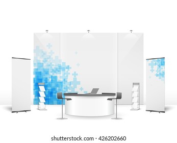 White creative exhibition stand design. Booth template. Corporate identity vector