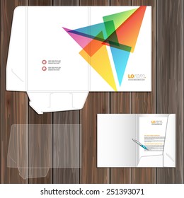 White creative folder template design for corporate identity with color triangles. Stationery set