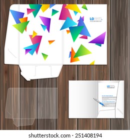 White creative folder template design for corporate identity with color triangles. Stationery set