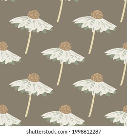 Flores gerbera creativas blancas patrón de doodle sin fisuras. Fondo beige claro. Ornamento botánico. Ilustración vectorial para impresiones textiles estacionales, tela, carteles, telas de fondo y papel pintado.