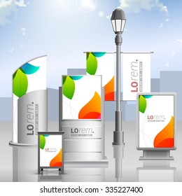 White creative outdoor advertising design for corporate identity with color shapes. Stationery set