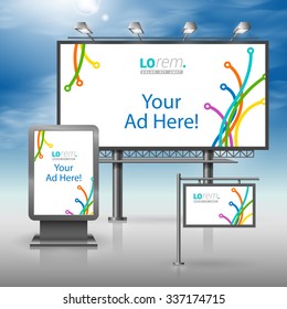 White creative outdoor advertising design for corporate identity with color art lines in different directions. Stationery set