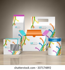 White creative promotional package design for corporate identity with color art lines in different directions. Stationery set