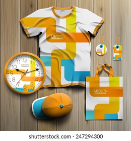 White creative promotional souvenirs design for corporate identity with blue and orange art elements. Stationery set