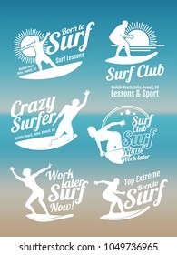 White creative summer surfing sports vector logos collection with surfer, surf board and ocean wave. Illustration of surfboard water sport