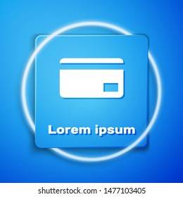 White Credit card icon isolated on blue background. Online payment. Cash withdrawal. Financial operations. Shopping sign. Blue square button. Vector Illustration