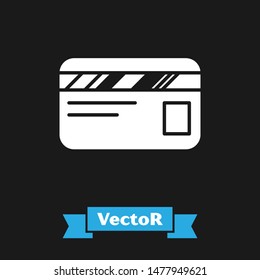 White Credit card icon isolated on black background. Online payment. Cash withdrawal. Financial operations. Shopping sign.  Vector Illustration