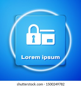 White Credit card with lock icon isolated on blue background. Locked bank card. Security, safety, protection concept. Concept of a safe payment. Blue square button. Vector Illustration