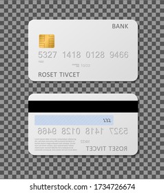 White credit card mockup. Vector realistic plastic cards with chip. Front and back view visa card for payment of customer. Personal bank cards with magnetic strip for transfer money. Discount design