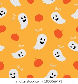 White creepy and fun ghost with boo, orange pumpkin on yellow background. Seamless doodle Halloween pattern.  Suitable for packaging, textile, poster.