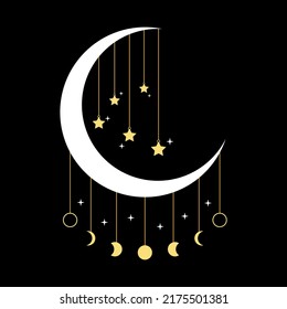 White crescent moon with golden yellow hanging  phases of the moon and stars mystic magic boho on black background icon vector design.