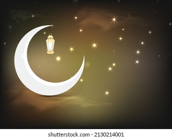 White Crescent Moon With Illuminated Arabic Lantern Hang On Abstract Lights Effect Background And Copy Space.