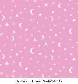White crescent moon and little stars seamless pattern on pastel pink background. For baby girl nursery, fabric and kids room decoration 