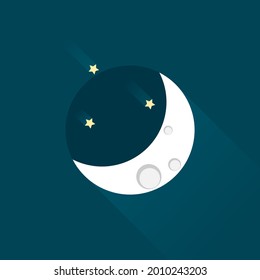 Luna de media luna blanca con estrella de meteoros en el espacio azul oscuro en el vectores de icono de noche plana.