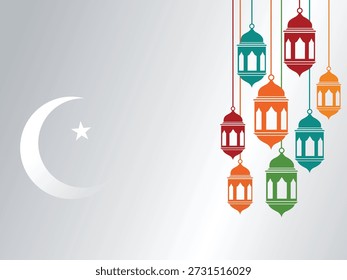 A white crescent moon with a star is positioned on the left side of a gray gradient background. On the right side, colorful hanging lanterns in red, orange, green, and teal are suspended by thin lines.