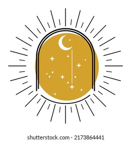 White crescent moon with stars on golden circle and light ray magic boho flat vector design.