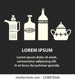 White crockery on black grunge background. Scandinavian dishes. Place for text. Scandinavian style in the interior. Vector illustration.