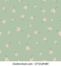 White crocus ditsy on pale teal seamless vector pattern. Floral surface print design for fabrics, stationery, and packaging,
