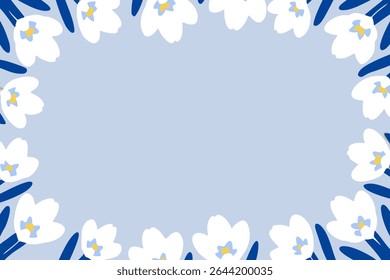 Ilustração do vetor do quadro floral do croco branco com fundo azul e acentos da folha escura, lugar para um texto
