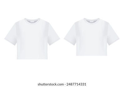 White crop tops mockup. Vector 3d realistic template. Two Women's t-shirts for print design or brading. Free cut casual look. Front view. Editable format. EPS10.