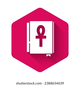 White Cross ankh book icon isolated with long shadow background. Pink hexagon button. Vector