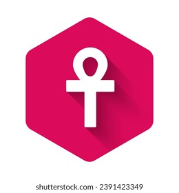 White Cross ankh icon isolated with long shadow. Pink hexagon button. Vector Illustration