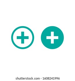 White cross in blue circle. Buttons set. Flat vector icon isolated on white.  Add or plus purchase pictogram.  Good for web and mobile design.