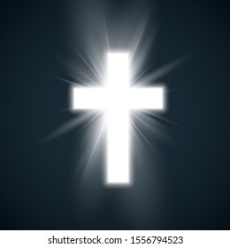 White Cross with glow symbol of christianity. Holy cross on dark background. Symbol of hope and faith. Vector illustration