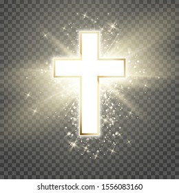 White Cross with golden frame and shine symbol of christianity. Symbol of hope and faith. Vector illustration isolated on transparent background