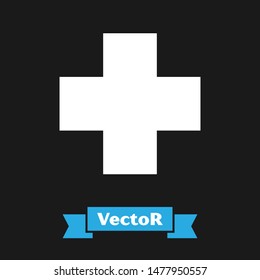 White Cross hospital medical icon isolated on black background. First aid. Diagnostics symbol. Medicine and pharmacy sign.  Vector Illustration