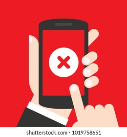White cross icon on smartphone screen. Hand holding smartphone, finger touching screen. Modern concept for web banners, web sites, infographics. Flat design vector illustration.