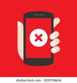 White cross icon on smartphone screen. Hand holding smartphone. Modern concept for web banners, web sites, infographics. Flat design vector illustration.