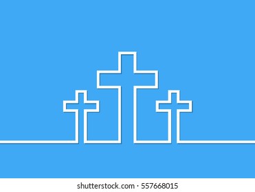 White cross icon. Vector illustration. Three white crosses in line design on blue background. Simple Christian cross sign.