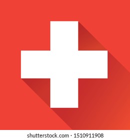 White cross Medical symbol with a long shadow. Vector flat design