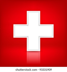 White cross. Medical symbol. Switzerland flag. Satin shape with shadow and reflection on red background. This vector illustration saved in 10 eps