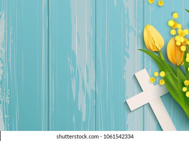 White cross, mimosa branch and yellow tulips on blue rustic wooden background. Vector illustration