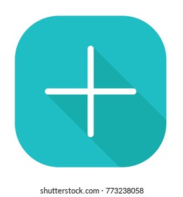 White cross on blue rounded button with flat long shadow