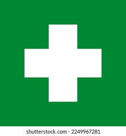 White cross on isolated green background. Medical symbol. Vector illustration.