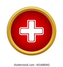 White cross on red background icon in simple style