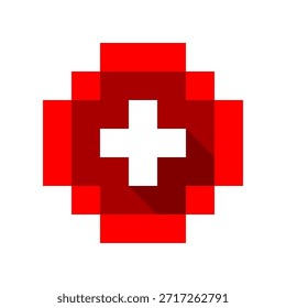 Cruz branca em círculo vermelho ícone médico pixel art vetor design